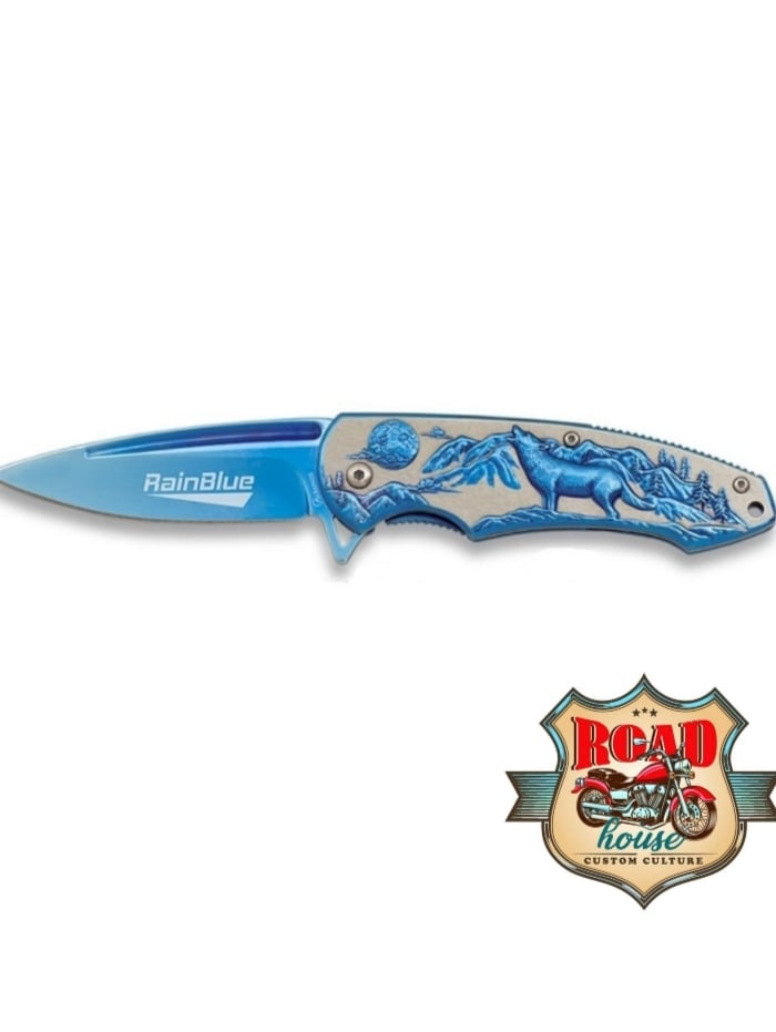 COUTEAU BIKER BLEU LOUP MOTO