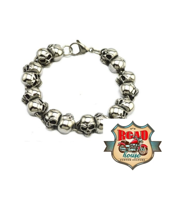 Bracelet Biker têtes de morts "skull" double acier