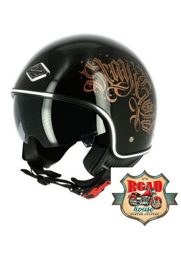 CASQUE BIKER MINIJET LETTERS NOIR BRILLANT - DEMI JET MOTO CUSTOM