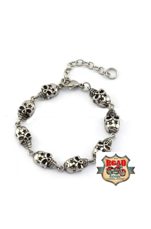 BRACELET BIKER ACIER TÊTES DE MORTS "SKULL" ÉTOILES