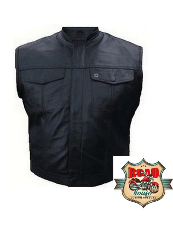 VESTE GILET CUIR BIKER - POCHES POITRINES