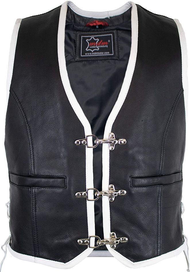 Veste Gilet en Cuir Biker Noir/Blanc