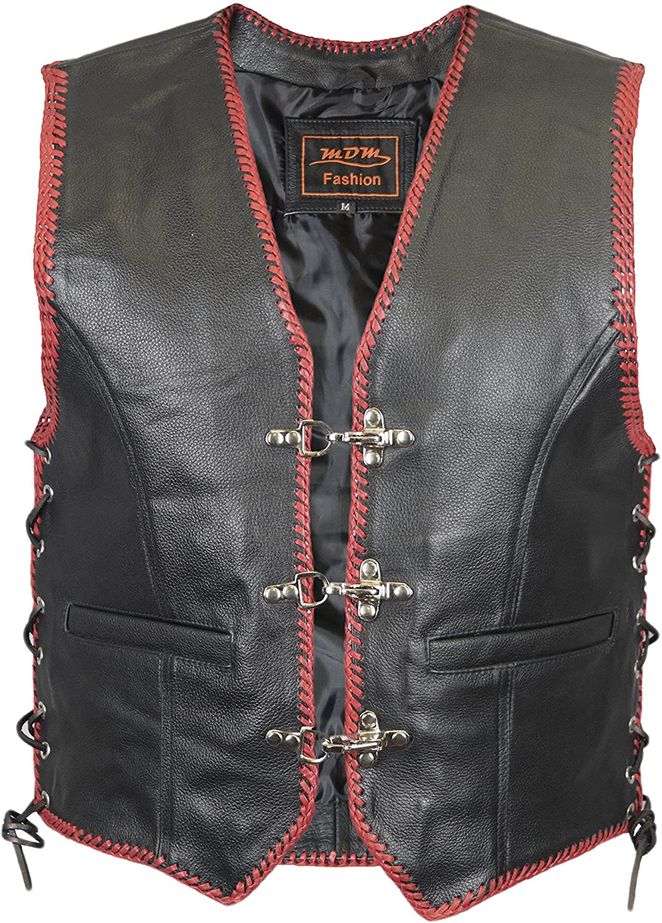 Gilet Cuir Biker Noir/Rouge