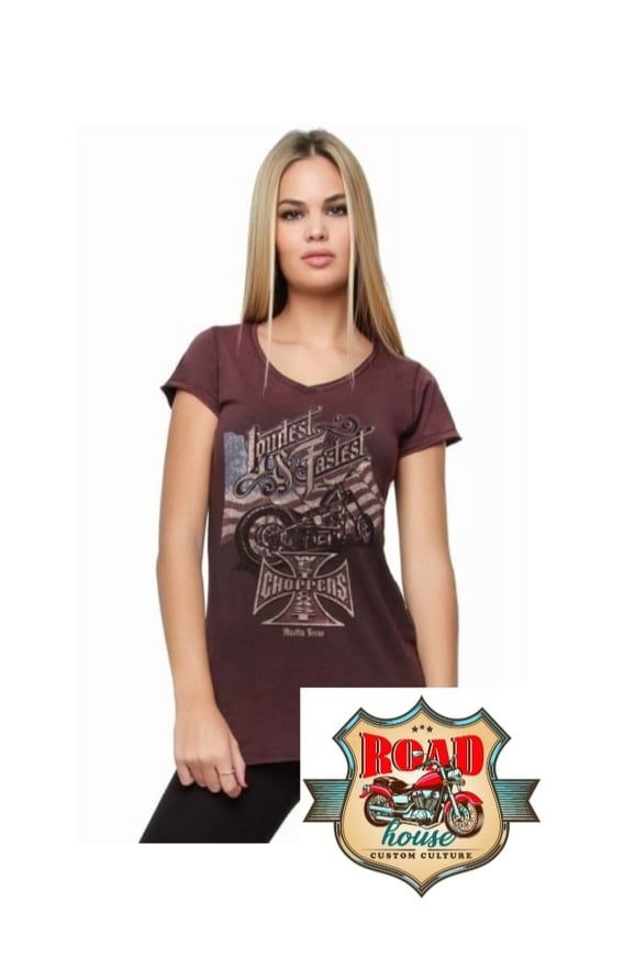 TEE-SHIRT FEM BORDEAUX WEST COAST CHOPPERS MOTO DRAPEAU US LOUDEST AND FASTEST