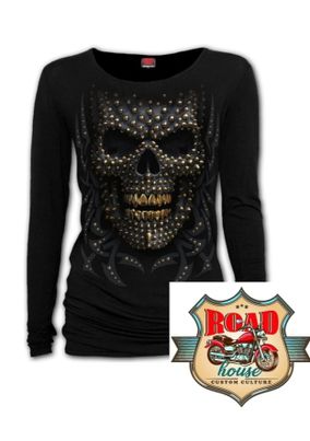 TEE SHIRT MANCHES LONGUES LADY RIDER SKULL TRIBAL CLOUS OR NOIR